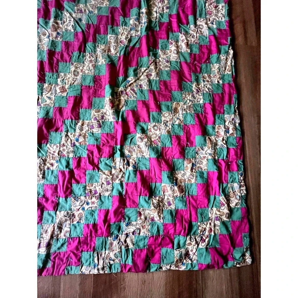 Handmade Patchwork Quilt Queen Multicolor Green Purple Jewelry Print Tied Lap